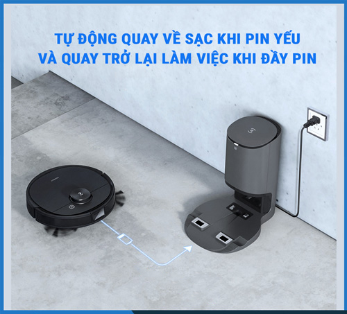 Pin yếu tự động quay về trạm sạc, quay trở lại làm việc khi đầy pin